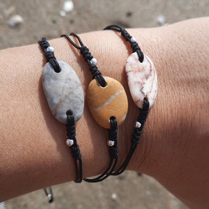 Beach Pebble Bracelet, Adjustable Cord, Genuine Spanish Sea Rock, Natural Stone, Sterling Silver 925 Beads, Special, Unique, Gift for Her