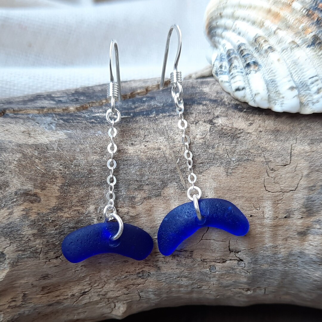 Sea Glass Drop Earrings Genuine Spanish Cobalt Blue Sea Etsy