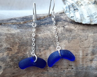 Sea Glass Drop Earrings, Genuine Spanish Cobalt Blue Sea Glass, Sterling Silver Dangle Earrings, Hook Earrings, Gift for Her, One of a Kind