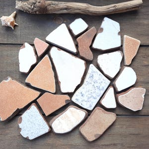 Può includere: Una collezione di frammenti di ceramica di forma irregolare, nei toni del bianco, beige e marrone, disposti su una superficie di legno. Sono presenti anche un pezzo di legno trasportato dal mare e una conchiglia. L'insieme evoca un effetto a mosaico.