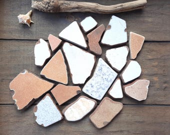 May include: A collection of irregularly shaped ceramic pieces in shades of white, tan, and brown, arranged on a wooden surface. A piece of driftwood and a seashell are also present. The pieces vary in size and shape, creating a mosaic-like effect.