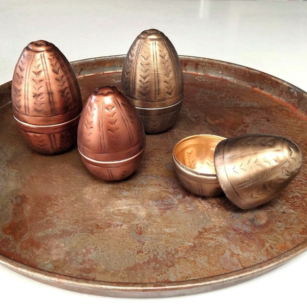 Set of 2 Hand hammered aluminium standing easter egg decoration / container, antique brass and copper finishes