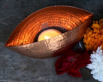 Trinetra copper tea light holder, hand hammered copper