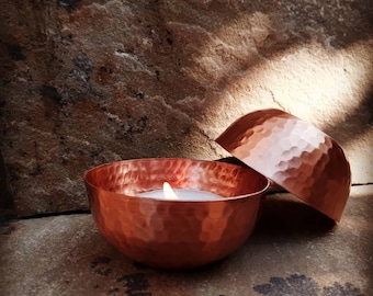 Set of 3 copper tea light holders, hand hammered copper
