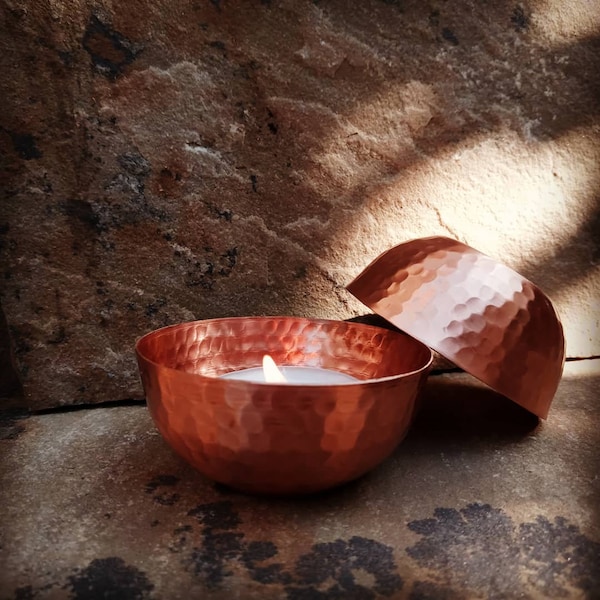 Copper tea light holder, hand hammered copper (sold individually)