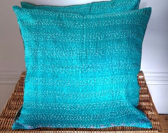 Vintage silk sari cushion cover with kantha stitching and sage green velvet backing.  50x50cm
