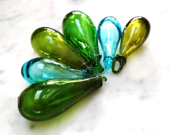 Set of 6 hand blown glass baubles, 6 cm drops in olive, green and turquoise. Made from 100% recycled glass.