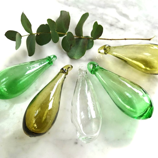 Set of 5 hand blown glass baubles, 10cm drops.  Green, olive and clear.  Made from 100% recycled glass.