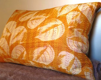 Vintage silk sari cushion cover with kantha stitching and khaki velvet backing.  50x70cm
