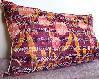 Vintage silk sari cushion cover with kantha stitching and blush pink velvet backing.  60x40cm