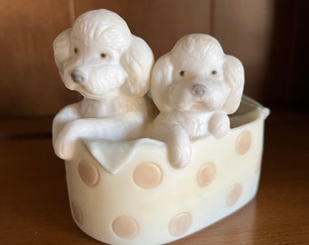 Poodle Puppies in Bed/Basket Porcelain Figurine - Golden Memories by Daisa - Spain