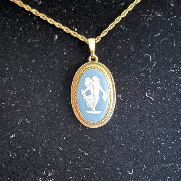 Wedgwood by VanDell 14 KT Gold Filled Blue Jasperware Pendant with 18" GF Chain - 1970's Vintage