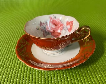Orange Floral Tea Cup and Saucer - Occupied Japan - Gold Trim and Accents