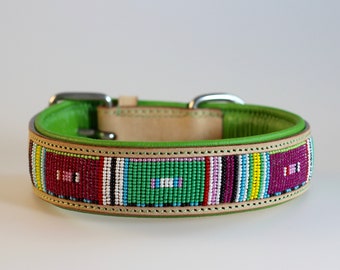 Leder Halsband GREEN MASSAI, mit Kay-line Perlendesign , handmade