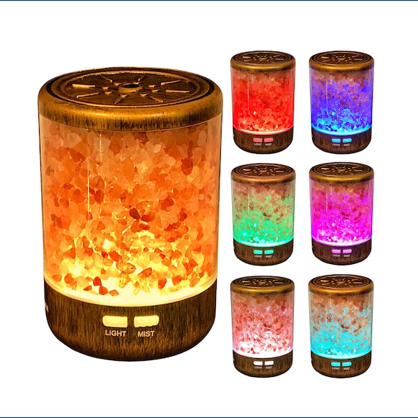 Difusor de aceites esenciales de sal del Himalaya, humidificador de vapor frío color bronce, luz LED de 7 colores, 150 ml, apagado automático, ideal como regalo de Navidad.