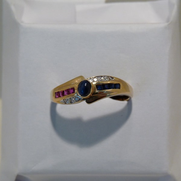 14K Yellow Gold Ruby & Blue Sapphire Stone Diamond Ring Green Natural Gemstone Gold Ring | Halo Diamond  Engagement Ring | Statement ring