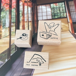 Maru Stationery House Rubber Stamp Set - Cat and I | Cat Wooden Rubber Stamp, Cute Animal Stamps, Coffee Stamp, Kawaii Rubber Stamp Set
