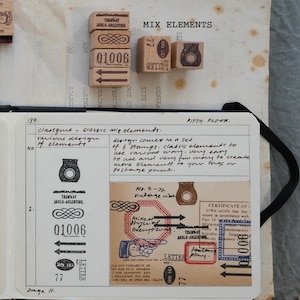 Timbro in gomma Kurukynki - Set di elementi misti/ (6 pezzi) Timbro in gomma di legno per diario, timbro per diario spazzatura, timbro in stile vintage, timbro Kurukynki