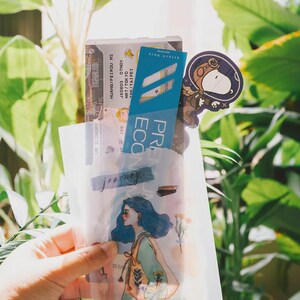May include: A clear plastic sleeve featuring a watercolour illustration of a woman with blue hair and the word "journey." Inside are travel documents and a Snoopy sticker in a spacesuit. The sleeve is held in front of green foliage.