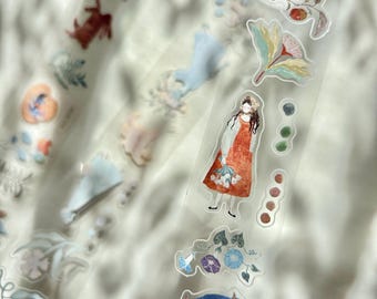 Pion Blooming Mini Girl Kiss-Cut Clear PET Tape | Transparent Decorative Stickers for Journaling & Collage