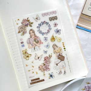 Pion Transfer Sticker Set - Bloom (3 Sheets included) |Kawaii Stationery, Cute Girl Stickers, Floral Sticker, Print-on Sticker, Scrapbooking
