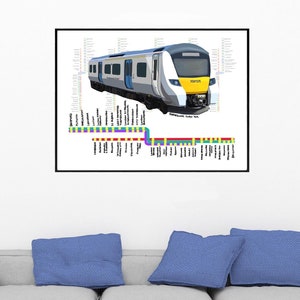 Impression d'art du train Thameslink Desiro City série 700 avec carte des voies ferrées - qualité supérieure et dessinée numériquement à la main