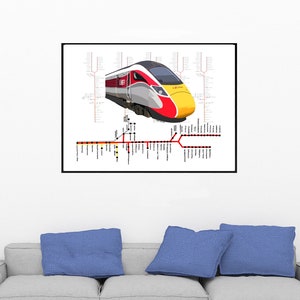 Impression d'art LNER Azuma Train avec carte du chemin de fer - Qualité supérieure et dessinée numériquement à la main