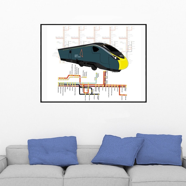 Avanti West Coast Pendolino 390 Series Train Art Print With Rail Map - Premium Quality and Digitally Hand-drawn