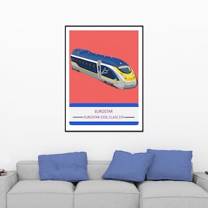 Puede incluir: Un estampado enmarcado con un tren Eurostar E320 Clase 374 azul, amarillo y plateado sobre un fondo rojo. El estampado incluye el texto "EUROSTAR" y la información del modelo. El estampado se muestra sobre un sofá seccional gris.