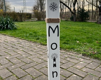 Personalisierbarer Holzpoller mit Solar LED, Maritime Dekoration, Meeres Deko, Gartenlicht, Holz Stele, Garten dekoration, Lieblingsplatz