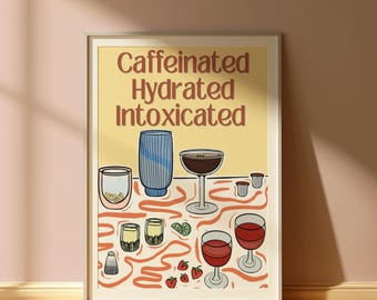 Arte mural de bebidas, con cafeína, hidratado, intoxicado