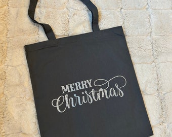 Grey Merry Christmas Silver Glitter Tote