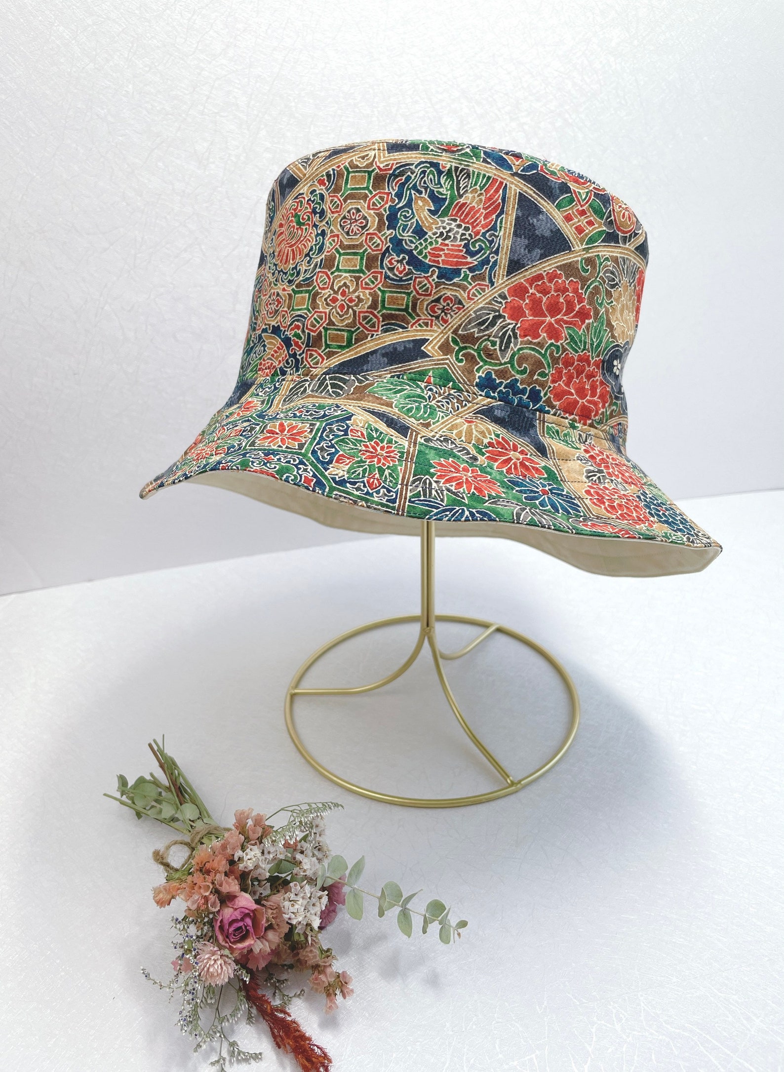 Silk Reversible Bucket Hat Japanese Kimono Navy Cream | Etsy