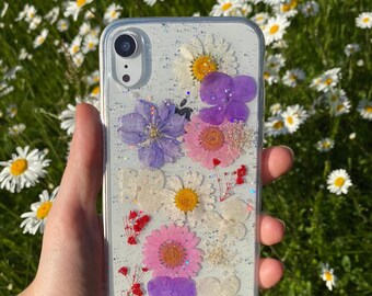 Real Pressed Purple Glitter Daisies case, Dried Flowers Case, Samsung Galaxy S10 S9 S8, iPhone SE 5 6 7 8 plus x xr xs 11 12 13 pro max case