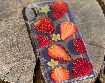 Real Dried Strawberries Phone Case, Real pressed Okra, Handmade iPhone Case, iPhone 6 6s 7 8 plus x xr xs 11 pro max case