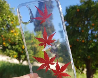 Real Pressed Maple leaves Phone Case, Dried Flowers Case,Samsung Galaxy S10 S9 S8 S7 case, iPhone 5 6 7 8 plus x xr xs 11 12 13 pro max case