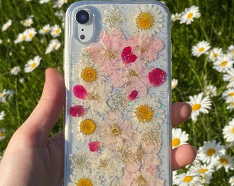 Real Pressed Pink Glitter Flowers & Daisies Phone Case, Samsung Galaxy S10 S9 S8 S7, iphone SE 5 6 6s 7 8 plus x xr xs 11 12 13 pro max case