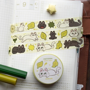 Leaf Kitties - Washi-tape | Bruine washi-tape, digitale kunst, stickers, dagboek, plakboek, planner, kawaii-briefpapier