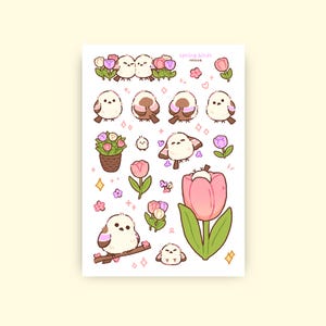 Spring Birds - Foglio di adesivi opachi / Arte digitale, Adesivi, Cancelleria, Kawaii, Journaling, Decorazione, Shima Enaga
