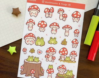 Mushrooms and Frogs - Matte sticker sheet | Digital Art, Stickers, Stationery, Kawaii, Journaling, Decoration