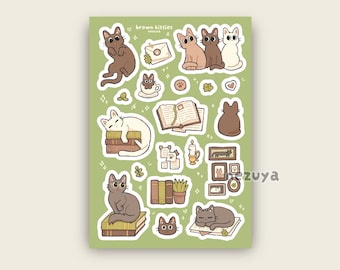 Brown kitties - Matte sticker sheet | Digital Art, Stickers, Stationery, Kawaii, Journaling, Decoration