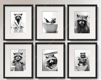 Lustige Waschbär Badezimmer Wand Kunst Bundle, Toilette, Bad, Robe Drucke (digitaler Download)