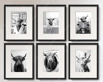 Highland Kuh Badezimmer Wand Kunst Bundle, lustige Tierdrucke (Digitaler Download)