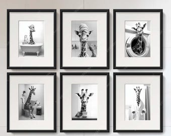 Lustige Giraffe Badezimmer Wand Kunst Bundle, Tierdrucke (Digitaler Download)