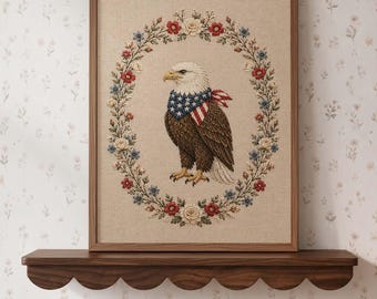 Vintage-Druck mit patriotischem Cowboy-Adler, rustikale Stickerei im Stil der amerikanischen Flagge mit Adlermotiv, patriotischer Blumenkranz, Dekoration zum 4. Juli