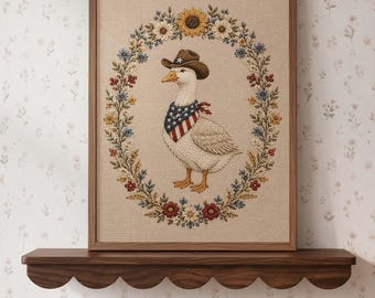 Cowboy-Gans-Print, Stickerei-Stil, Blumenkranz, Dekoration zum 4. Juli (Digitaler Download)