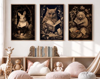 Waldtiere lesen Art Print Set, gemütliche Bücherwurm Kinderzimmer Dekoration (digitaler Download)