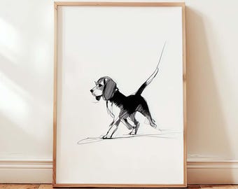 Beagle Skizze Kunst Druck, Minimalistische Hunde Zeichnung, Monochromes Haustier Portrait (Digitaler Download)