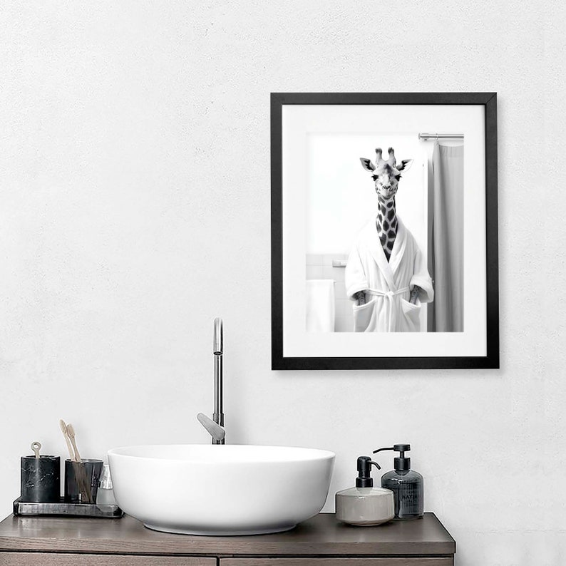 Funny Giraffe in Robe Art Print, Whimsical Animal Bathroom Wall Art ...