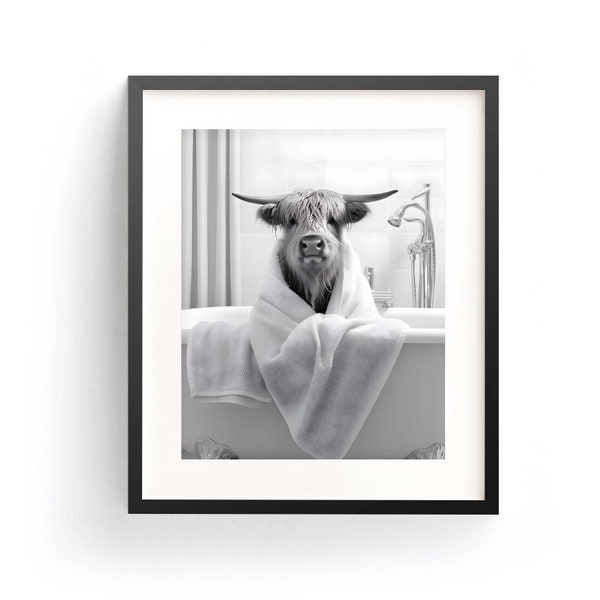 Highland Cow In Bathrobe Highland Cow Art Cow Wall Art Highland Cow Bathroom Funny Highland Cow Kid Bathroom Art Whimsy Animal Bath Time Art